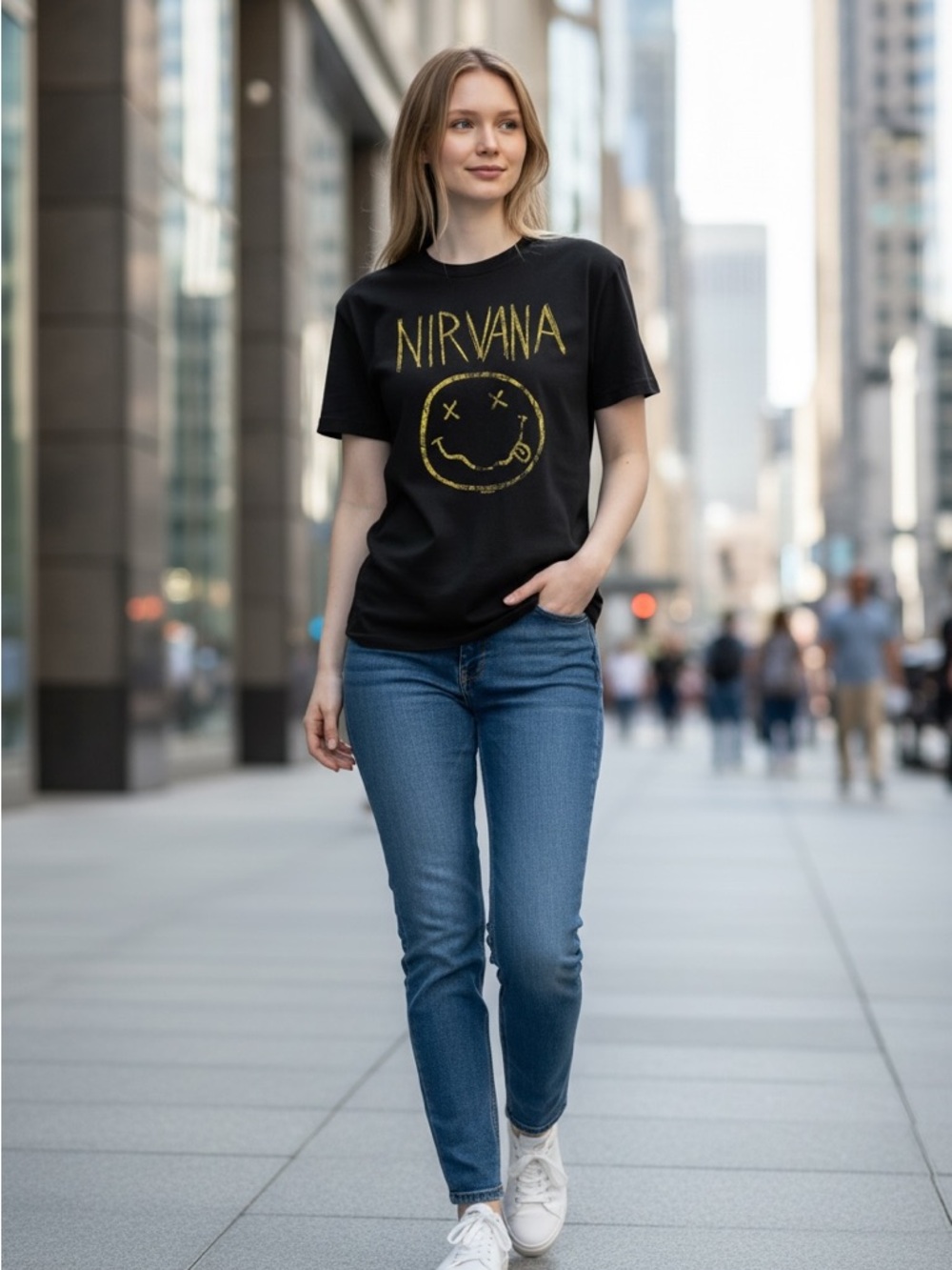 NIRVANA Black Tee with Yellow Smiley Graphic
